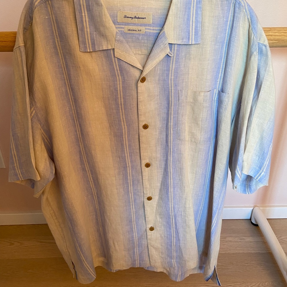 Tommy Bahama Men's Blue and Cream Striped Linen Shirt 2X
